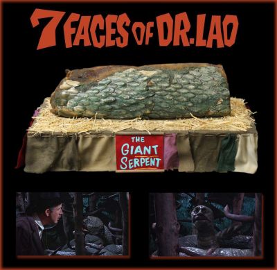 Piece of "The Great Serpent"
7 Faces of Dr. Lao is a 1964 film adaptation of the 1935 fantasy novel The Circus of Dr. Lao by Charles G. Finney. The films premise is a mysterious circus that comes to a western town bearing wonders and characters that entertain the inhabitants and teach valuable lessons. This is a piece of the â€œThe Great Serpentâ€ stop motion puppet seen when Clint Stark (Arthur Oâ€™Connell) has a disquieting meeting with the â€œThe Great Serpentâ€ character. The film stars Tony Randall, which plays the part of multiple characters along with the voice of the Serpent which was a stop-motion animated snake that had the face of Stark. 
Keywords: Piece of "The Great Serpent"