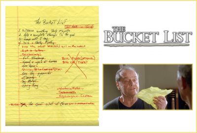 Bucket List
A bucket list from Rob Reiner's 2007 comedy-drama film The Bucket List. Carter Chambers (Morgan Freeman) and Edward Cole (Jack Nicholson) used Carter's bucket list to have a globe-trotting adventure before Carter "kicked the bucket." This bucket list consists of a hand-written list in black and red ink and most notably, this specific list being the one used when Morgan Freeman crossed out the third listed item, "Laugh Until I Cry" on camera.
Keywords: Bucket List