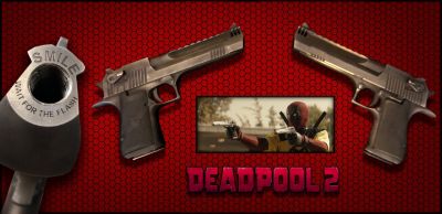 Deadpool's (Ryan Reynolds) Twin IWI Desert Eagle Mark XIX Pistols
Deadpool 2 is the 2018 sequel to the 2016 Marvel feature film adaptation of the irreverent anti-hero character. Deadpool forms a special team to stop an assassin who has arrived from the future to eliminate a teenage mutant. From the 2018 film Deadpool 2, these are Wade Wilsons â€œDeadpoolâ€ (Ryan Reynolds) hero twin IWI Desert Eagle Mark XIX pistols. Both the firearms are .50 calibar live fires and continue to be two of Deadpoolâ€™s primary weapons. Both the pistols have slight modifications that were fabricated into the handgun including the etched phrase â€œSmile wait for the flashâ€ at the front of each  barrel. These pistols were used during the live fire scenes throughout the film when a functioning firearm was needed.
Keywords: Deadpool's (Ryan Reynolds) Twin IWI Desert Eagle Mark XIX Pistols