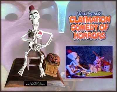 Famine Skeleton Puppet
Claymation Comedy of Horrors is a 1991 Halloween stop-motion short film by Will Vinton and animator Teresa Drilling which won an Emmy for Outstanding Individual Achievement for her work on this short. This is a screen used stop motion Famine Skeleton puppet (voiced by Brian Cummings) that can be seen in the stop motion film while discovering a map to uncover Doctor Frankenswine's monstrous creation.
Keywords: Famine Skeleton Puppet