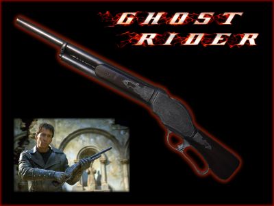 Ghost Rider's Shotgun
A Model 1887 Winchester shotgun used in the production of the 2007 Marvel action film Ghost Rider. Selling his soul to help cure his father of cancer, stunt man Johnny Blaze (Nicholas Cage) has his debt cashed in by the devil Mephistopheles (Peter Fonda), turning Blaze into the demonic Ghost Rider so that he can stop his son Blackheart (Wes Bentley) from taking over the world. Given to Blaze by former Texas Ranger and "Caretaker" Carter Slade (Sam Elliott), this shotgun was used by the Ghost Rider as he battles the evil Blackheart in the ghost town of San Venganza. Made of resin with a metal ornately detailed functional receiver, the shotgun was used for close ups on screen or when the hero firing version of the weapon was not required and can be screen matched. The weapon is a static piece with detailing on the side featuring the lone star of Texas and finished to replicate the look of steel with a wood stock. Displaying some minor wear from use on the production, the shotgun remains in a very good production-used condition with minor distressing applied to make the weapon appear well used in the service of the Ghost Rider. 
Keywords: Ghost Rider's Shotgun