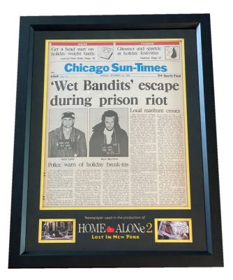 Wet Bandits Escape During Prison Riot Newspaper
An original prop created for the production of Home Alone 2: Lost in New York, the 1992 comedy sequel starring Macaulay Culkin. This prop New York Newspaper cover was custom made by the production and features imagery of Harry (Joe Pesci) and Marv's (Daniel Stern) police mugshots. This is the version seen in the movie showing the duo have escaped while the family are still in Chicago The prop newspaper cover features the mugshots of the two characters with the headline â€œWet Bandits escape prison riotâ€.
Keywords: Wet Bandits Escape During Prison Riot Newspaper