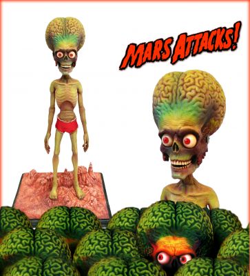 Martian Puppet
This is an original "Martian" stop-motion animation puppet from the 1996 Tim Burton film, Mars Attacks! This film was originally planned as a stop motion homage to the old Ray Harryhausen films; however they ultimately decided upon computer-generated animation and based their animation upon these stop-motion puppets. The puppets were then used to scan in assisting with the computer generated animation featured in the live action film. The puppet stands approx. 14 Â¾ in. tall and is built of a steel and aluminum armature, and was obtained directly from Warner Bros Archive.

Keywords: Martian Puppet