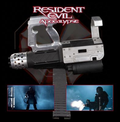 Nemesis's Railgun
The Nemesis is featured in the 2004 film Resident Evil: Apocalypse, portrayed by Matthew G. Taylor and this is his hero forearm-mounted railgun modeled after a heavily modified minigun. Formerly Matt Addison, a survivor of the events of the first film was infected with the T-virus after being scratched by a Licker and later captured and experimented upon by the Umbrella Corporation. Transformed into the Nemesis, it is sent to kill the surviving members of STARS, but remembers its humanity after fighting Alice, and fights alongside the protagonists towards the film's conclusion. Writer and producer Paul W. S. Anderson noted that the gun's addition was inspired by the idea of the Nemesis "walking around with a gigantic, powerful weapon in each hand and almost indecisive as to which one to use".
Keywords: Nemesis's Railgun