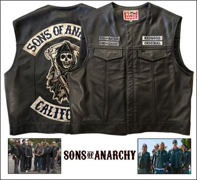 Sons of Anarchy Leather Kutte
A Sons of Anarchy California chapter leather kutte from Kurt Sutter's biker television series Sons of Anarchy. Members of the California branch of the Sons of Anarchy wore their kuttes while working with the biker club. The kutte is labelled size "XXL", with handwritten words covered by marker pen on the collar. All patches are stitched on and original; the right breast, which read "Men of Mayhem" and "Sons of Anarchy", and patches stitched on the left breast, read "Redwood" and â€œOriginalâ€. The back has the popular Son of Anarchy logo patches reading "Sons of Anarchy", "California" and "MC", as well as the iconic Grim Reaper logo of the organization. This is one of only a few kuttes released by the production and extremely rare.
Keywords: Sons of Anarchy Leather Kutte