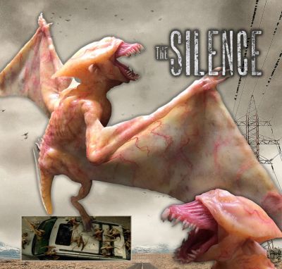 "Vesp" Creature Puppet
When the world is under attack from terrifying creatures who hunt their human prey by sound, 16-year old who lost her hearing at 13 and her family seek refuge in a remote haven. From the 2019 horror film The Silence, this is a Vesp creature used during the film production. In the film a cave research team unearths an unknown species of blind pterosaur-like creature, referred to as "Vesps," (created from the Spanish avispa, meaning wasps) from a mine. The Vesps violently kill the researchers, fly out of the mine, and seek the noisiest areas. They are an ancient species of bat-like monsters that, while blind, are highly sensitive to sound. The studio had stand-in versions fabricated for use on-set and being used often. It was helpful for the cast to see what they were up against while also being able to frame references when composing shots and as lighting references when we rendered the CG versions later.
Keywords: "Vesp" Creature Puppet