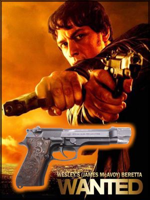 Wesley's (James McAvoy) Beretta 
Wesley Gibson's (James McAvoy) Hero Blank Fire Beretta Pistol from the 2008 action film, Wanted. When Gibson discovers that the father he never knew was a professional assassin, he joins his father's organization and comes into contact with some serious firepower. This gun is given to him by the leader of the society, Sloan (Morgan Freeman), who challenges him to use it to shoot the wings off of flies. Later in the film, Gibson hides the gun in a toilet and takes it out a few days later to use it against opposing assassins. This firearm is a real, working Beretta handgun. It has been custom designed to include wood plating on the handle with intricate design, and a short compensator on the end of the barrel. 
Keywords: Wesley's (James McAvoy) Beretta 