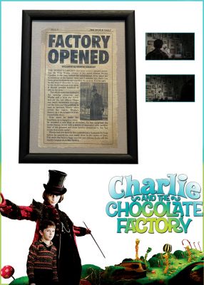 "Factory Opened" Newspaper Clipping
Eccentric genius chocolate maker Willy Wonka (Johnny Depp) holds a competition where five lucky children will win the chance to venture inside his mysterious chocolate factory. Poor but kind Charlie Bucket (Freddie Highmore) catches an unexpected break as one of the winners of Wonka's Golden Tickets. Various newspaper clippings like this one were hung on the walls of Dr Wilbur Wonka's home and dental practice; notably in the background of the scene when Willy revisited his childhood home to make peace with his father. The clipping features the headline â€œFactory Openedâ€ above an article about Willy Wonka and his factory. The article is clearly seen on screen and is set under glass in a black wooden frame.
Keywords: "Factory Opened" Newspaper Clipping