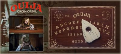 Ouija Board and Planchette
Ouija: Origin of Evil used a Ouija Board as a dark communication device for the evil presence that dwelled in the protagonistâ€™s house. The Property Department fabricated five matching Ouija boards for the production. Several boards were used by the Special Effects Department. For these boards, they stenciled the graphics of the Ouija Board on the back of the boards. This allowed the effects crew to manipulate the Planchettes with magnets from below the table. The result was the illusion that the Planchettes moved on their own seemingly by the dark presence in the cellar. The remaining boards were interchangeably used during filming of the show. Occasionally, the Planchettes scratched the boards and we swapped out the boards to repair the scratches. This specific Ouija Board was obtained direct from the filmâ€™s prop master and was one of the principle boards used in the production.
Keywords: Ouija Board and Planchette