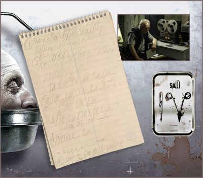 Jigsaw's (Tobin Bell) Notepad
Despite Jigsaw's death and to save the lives of two of his colleagues, Lieutenant Rigg is forced to take part in a new game which promises to test him to the limit. From the 2007 film Saw IV, this is Jigsawâ€™s (Tobin Bell) notepad with handwritten notes. This is the notepad seen being held by Jigsaw in his lair when he is recording the lines on his recorder. The notepad has notes written as though he was pretending to read them off as he recorded his voice. Looks as though he just scribbled on the pad mostly, though the last number has â€œLive or Die Make your choiceâ€.
Keywords: Jigsaw's (Tobin Bell) Notepad