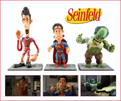 Super Seinfeld Stop Motion Puppets
A set of three Will Vinton Studios Seinfeld superhero puppets from an unproduced segment for the comedy television series Seinfeld. According to Jerry Seinfeld, Will Vinton Studios was commissioned to pitch a "secret" claymation episode of the series to the network. While he said he "had the studio ready, and the figures ready, and it was all good to go," Seinfeld was concerned that Vinton's team had also recently produced a claymation segment for Home Improvement, and the Seinfeld episode was ultimately never produced. These puppets of Jerry Seinfeld as Superman, George Costanza (Jason Alexander) as Hulk, and Kramer (Michael Richards) as Plastic Man were made by Will Vinton Studios.
Keywords: Super Seinfeld Stop Motion Puppets